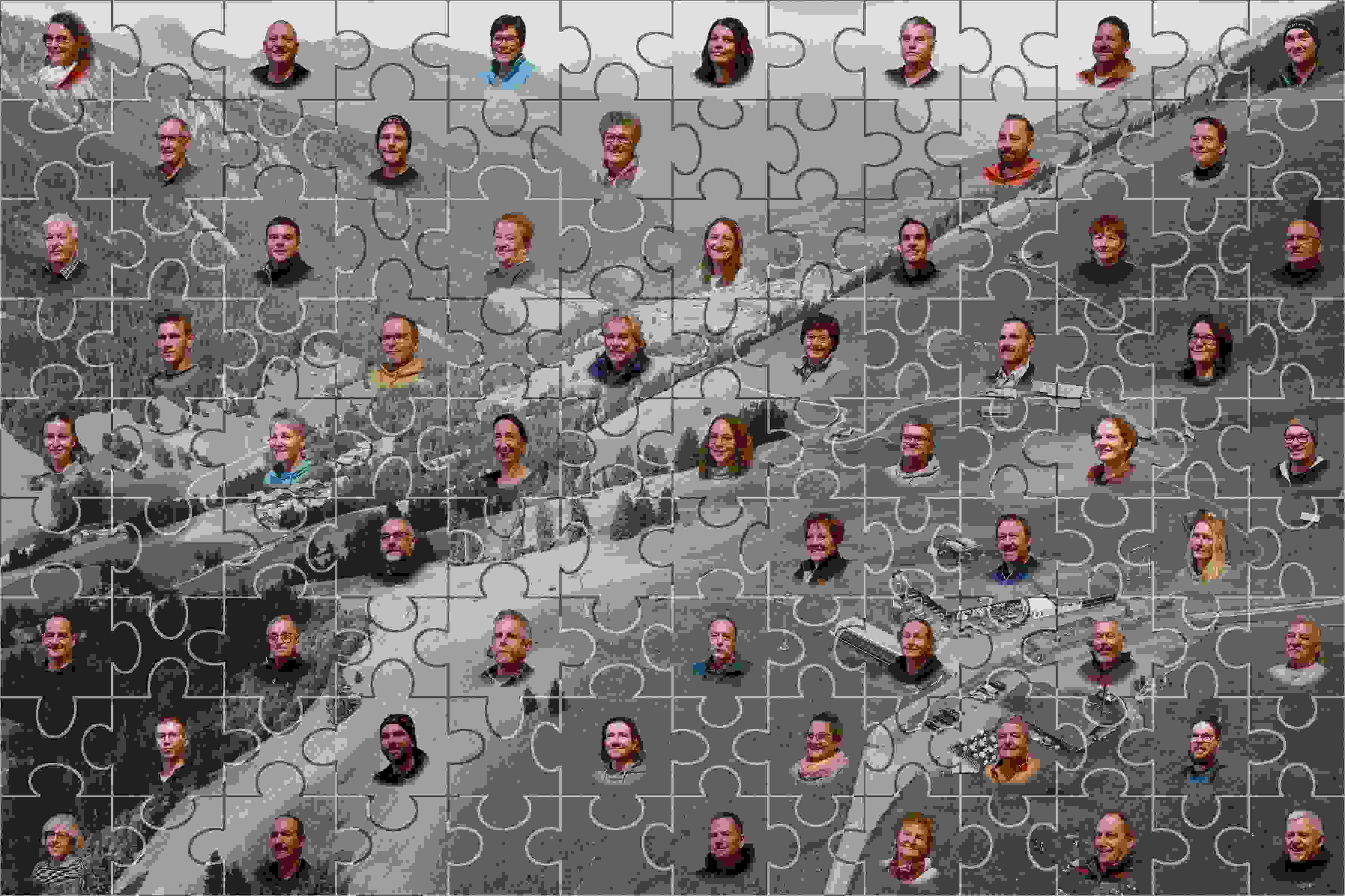 Puzzlebild mit Portraits der  Mitarbeitenden der Wiriehornbahnen AG vor dem Bergrestaurant Nüegg, Sommer- und Winteransicht des Wiriehorns.